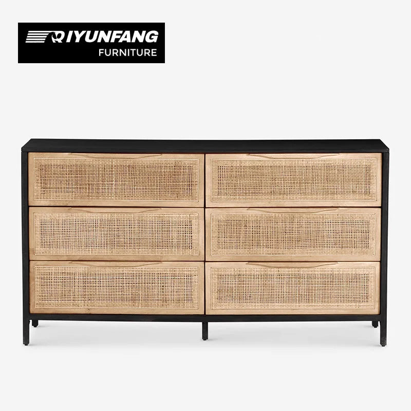 Solid Wood 6-Drawer Side Cabinet Rattan Woven Modern Storage