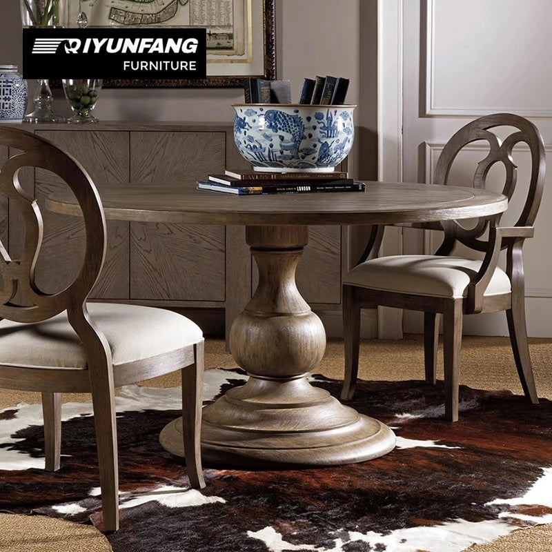 Solid Wood Round Dining Table and Chair Set 6-Seat