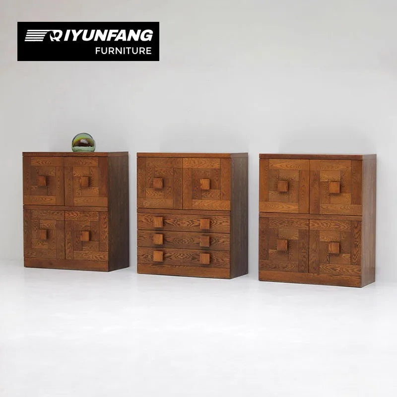 Modern Solid Oak Geometric Entrance Sideboard Cabinet 300cm Brown