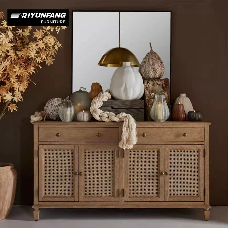 Solid Oak Wood Sideboard with Natural Rattan Storage Retro Style