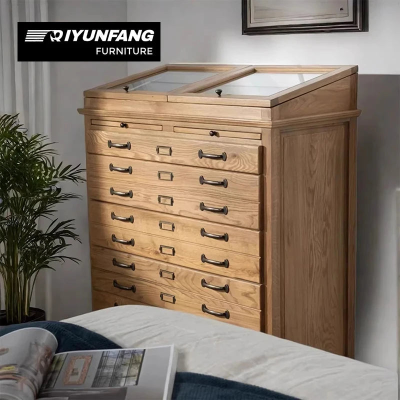 American-Style Solid Oak 9-Drawer Jewelry Display Cabinet