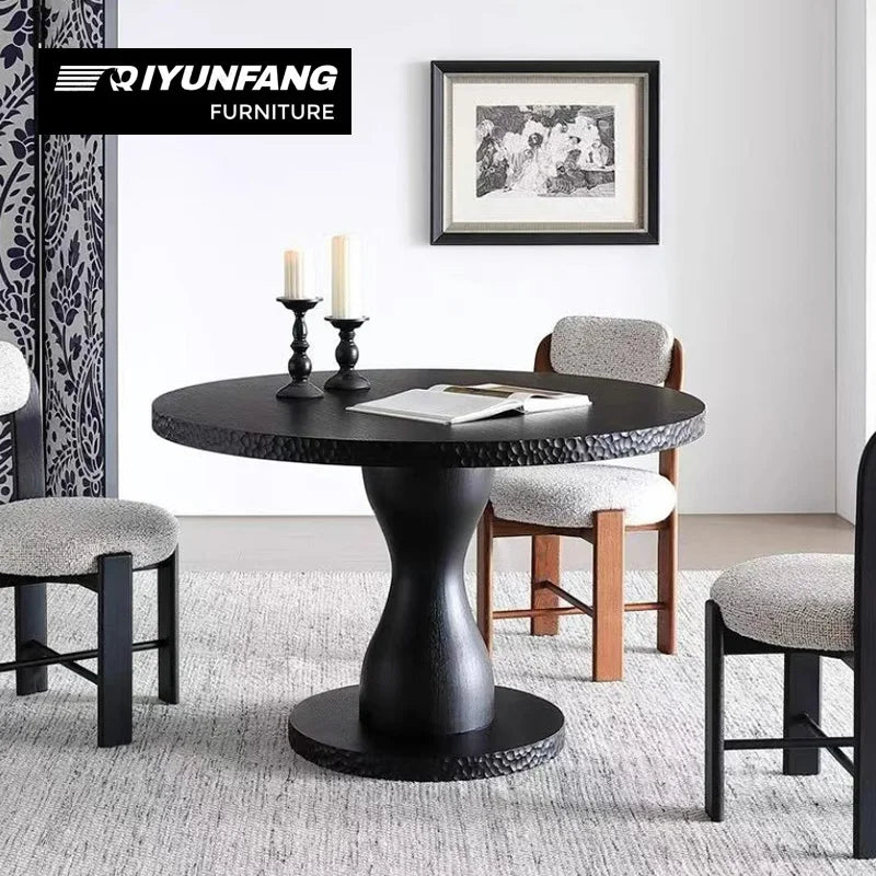 Modern Round Solid Wood Dining Table Black Oak