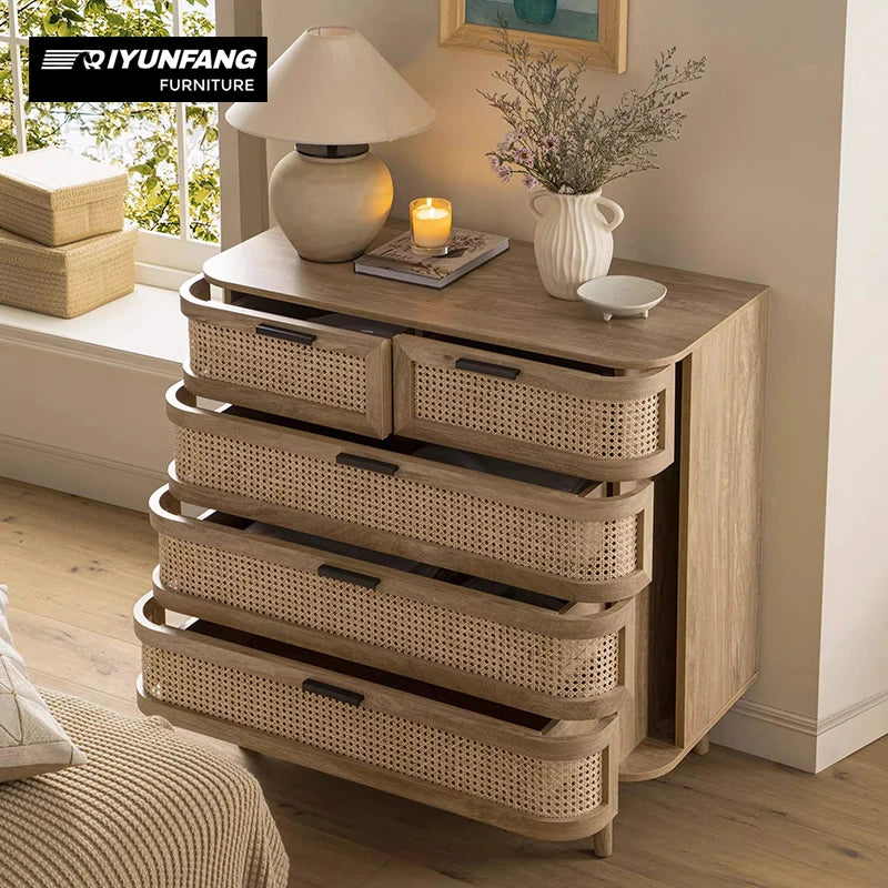 Retro Solid Wood Rattan Five-Drawer Bedside Cabinet 100cm