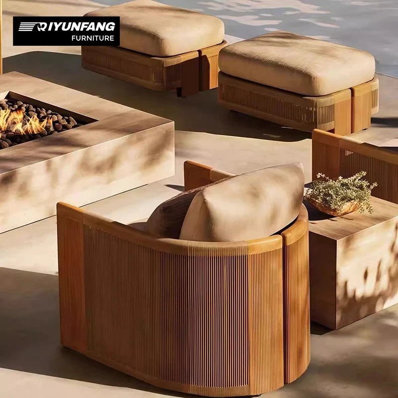 QYF-14 Outdoor Teak Wicker Sofa Set Solid Wood 3 Seater