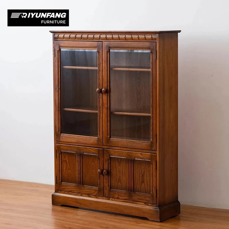 Solid Oak Wood Rustic Dining Hutch Cabinet Glass Display