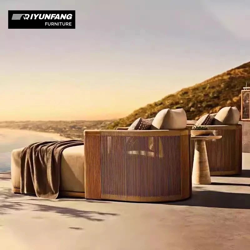 QYF-14 Outdoor Teak Wicker Sofa Set Solid Wood 3 Seater