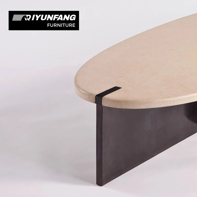 Minimalist Solid Wood Oval Coffee Table Marble Top Natural Finish