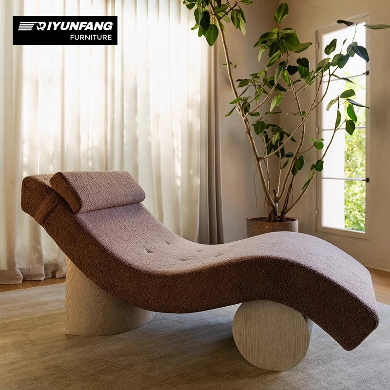 Modern Sculptural Fabric Lounge Chaise Solid Wood Base