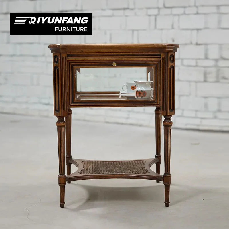 Vintage Solid Wood Round Side Table Glass Top Rattan