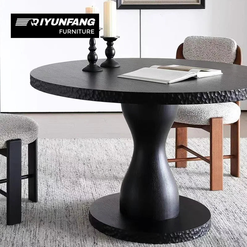 Modern Round Solid Wood Dining Table Black Oak