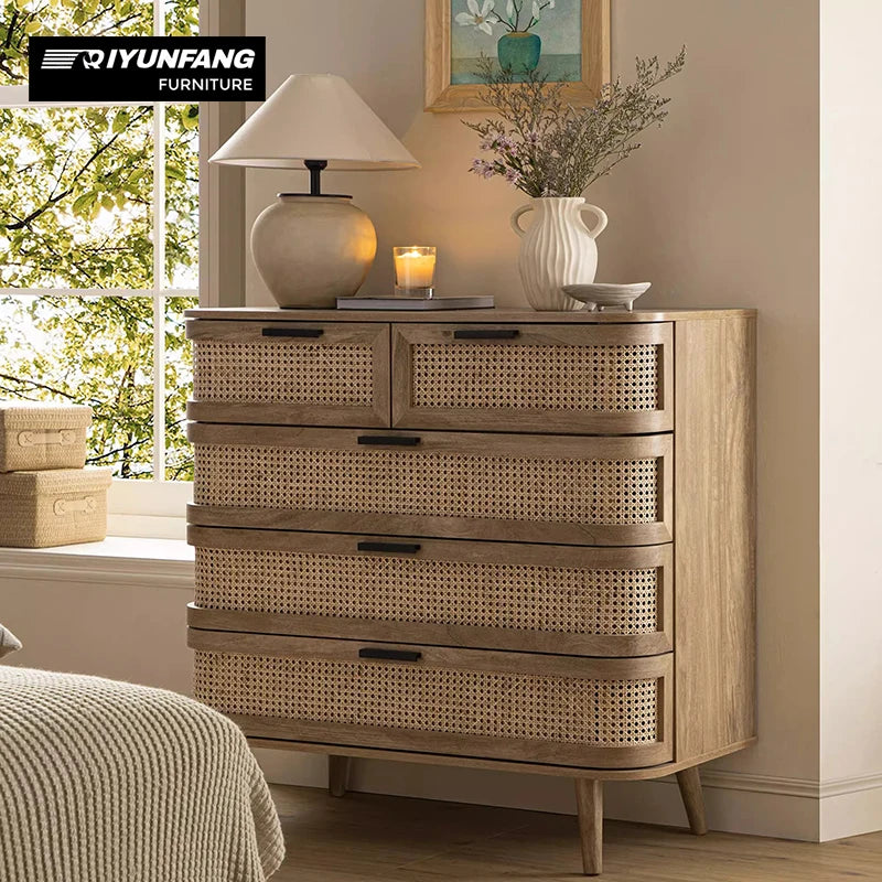 Retro Solid Wood Rattan Five-Drawer Bedside Cabinet 100cm