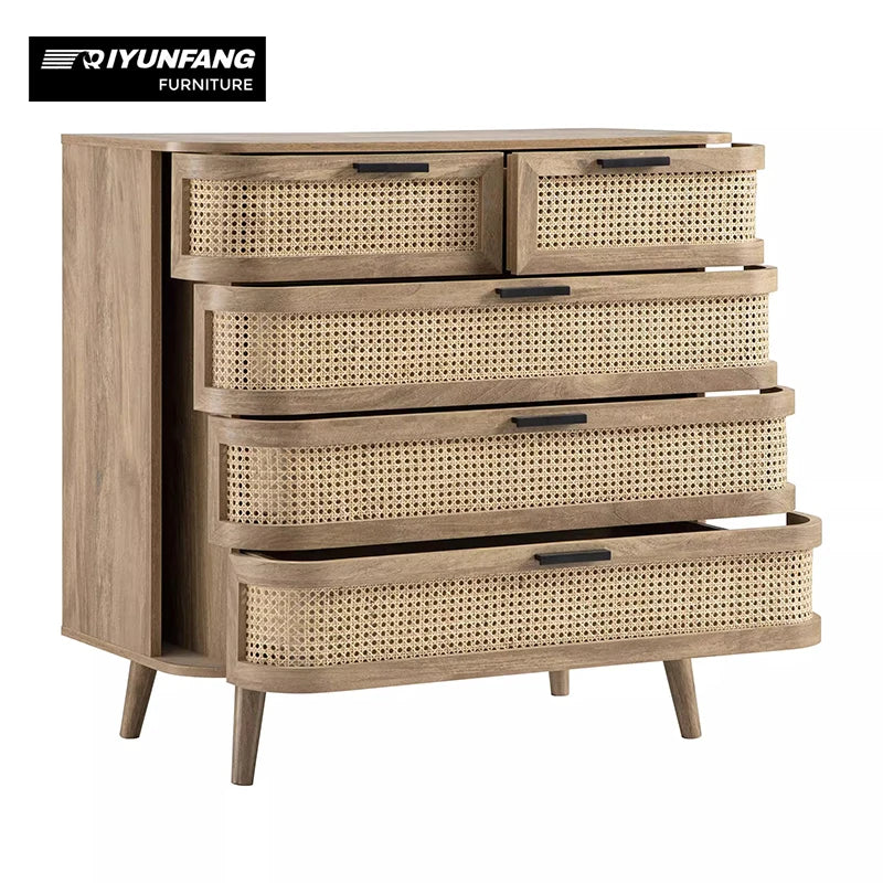 Retro Solid Wood Rattan Five-Drawer Bedside Cabinet 100cm