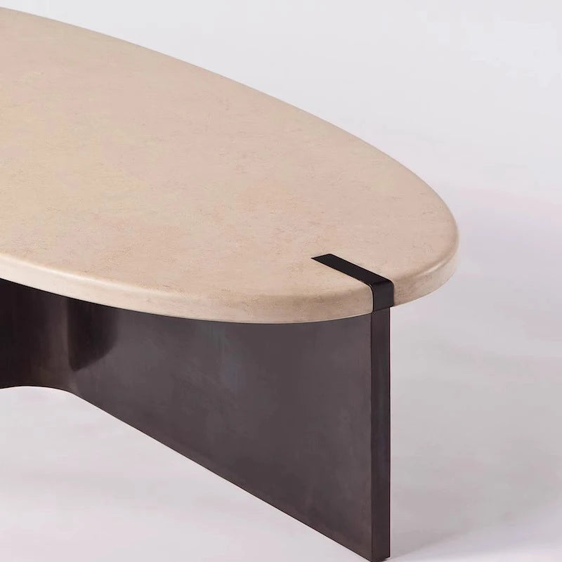 Minimalist Solid Wood Oval Coffee Table Marble Top Natural Finish