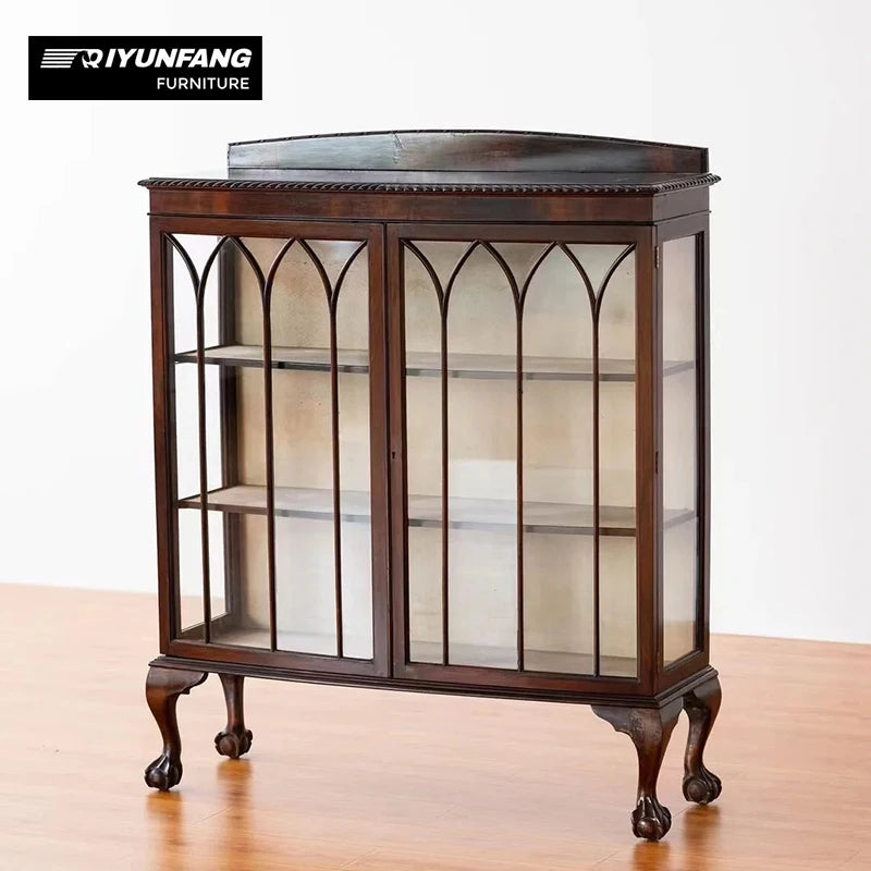 Vintage Antique Solid Wood Storage Cabinet Glass Doors