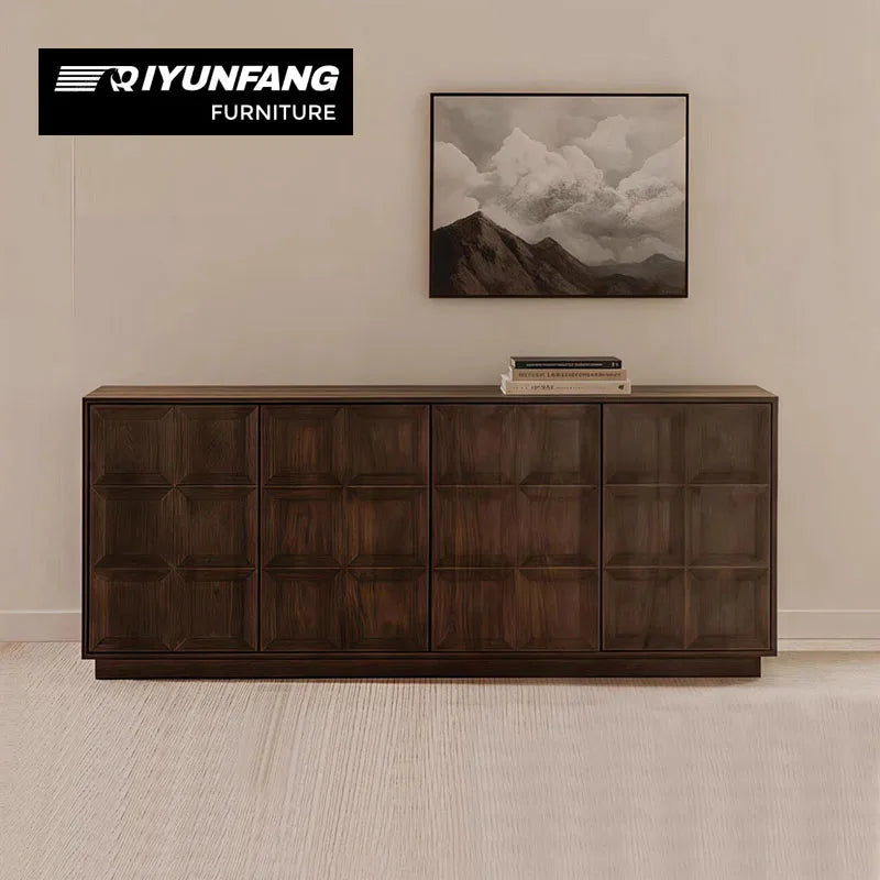 Solid Oak Wood Engraved Four-Door Living Room Cabinet Minimalist Design