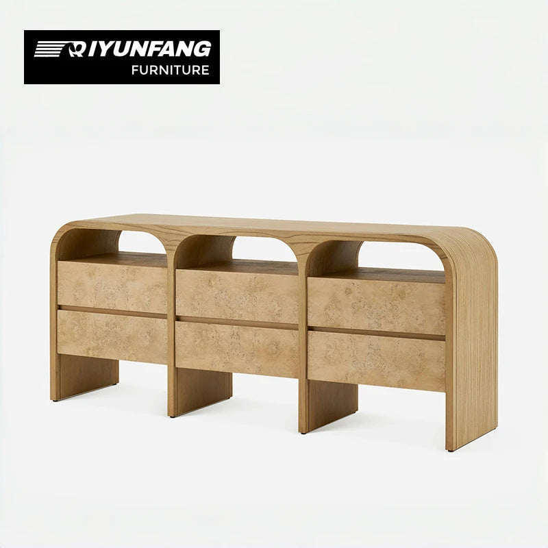 Retro Solid Wood Sideboard Minimalist 6-Drawer Curved Design