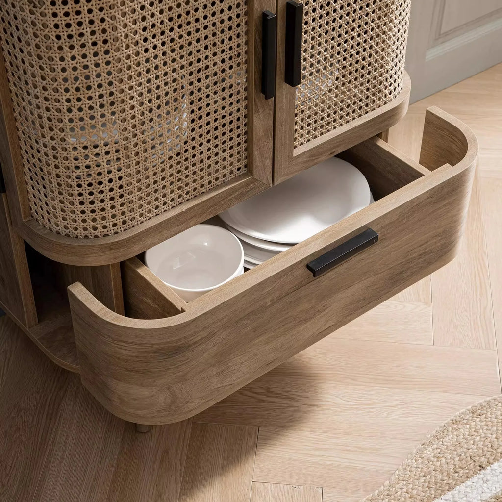 Rustic Solid Wood Sideboard Rattan Storage Console Cabinet