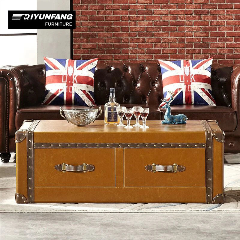 Retro Leather Suitcase Coffee Table with Drawer Storage 120cm