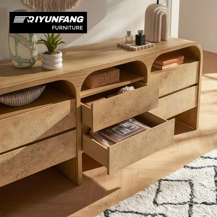 Retro Solid Wood Sideboard Minimalist 6-Drawer Curved Design