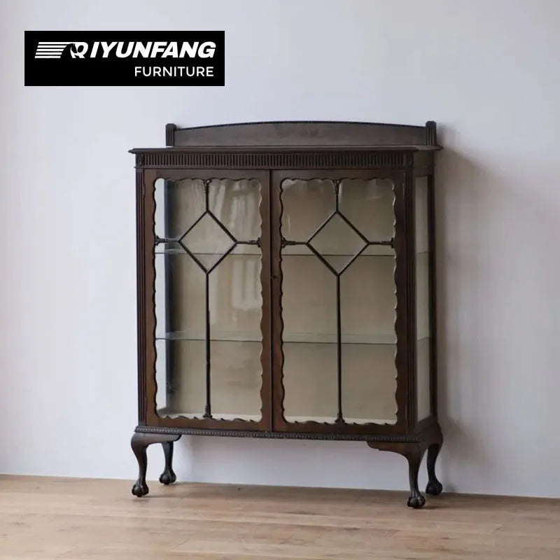 French Antique Carved Solid Wood Cabinet With Glass Doors