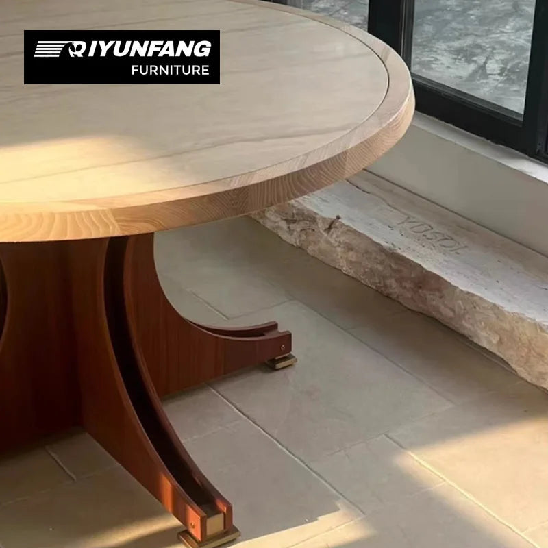 Modern Round Dining Table Solid Wood Natural Stone 130cm
