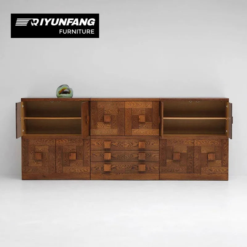Modern Solid Oak Geometric Entrance Sideboard Cabinet 300cm Brown