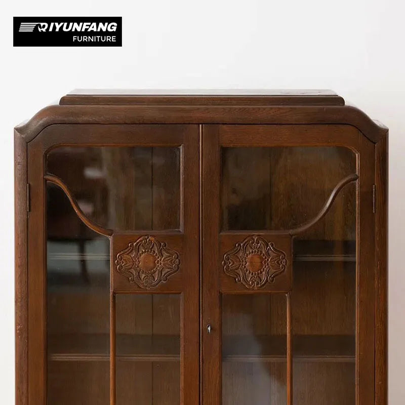 Distressed Cherry Wood Entrance Hall Storage Cabinet with Glass Door