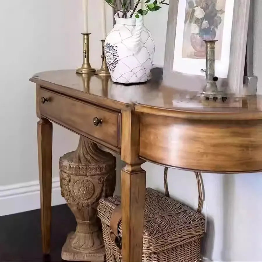 French Retro Solid Wood Semi-circular Entrance Console Table