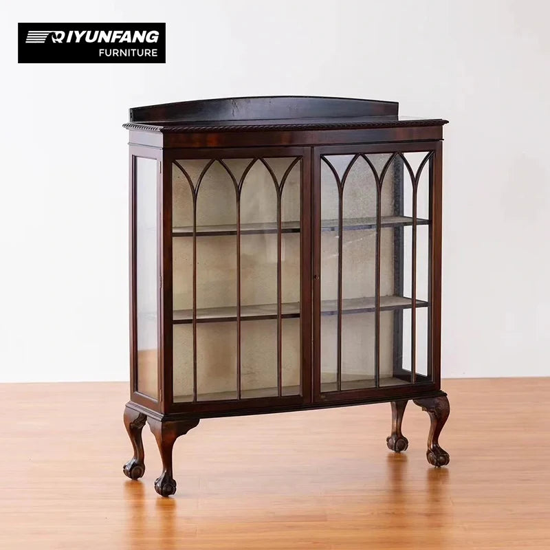 Vintage Antique Solid Wood Storage Cabinet Glass Doors