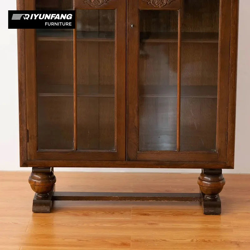 Distressed Cherry Wood Entrance Hall Storage Cabinet with Glass Door