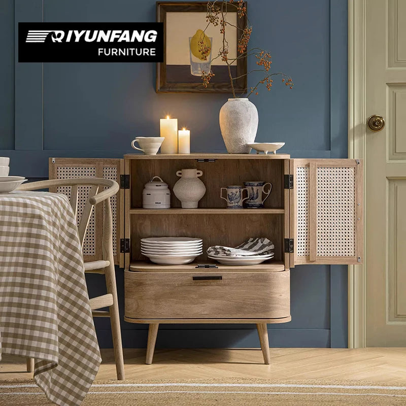 Rustic Solid Wood Sideboard Rattan Storage Console Cabinet