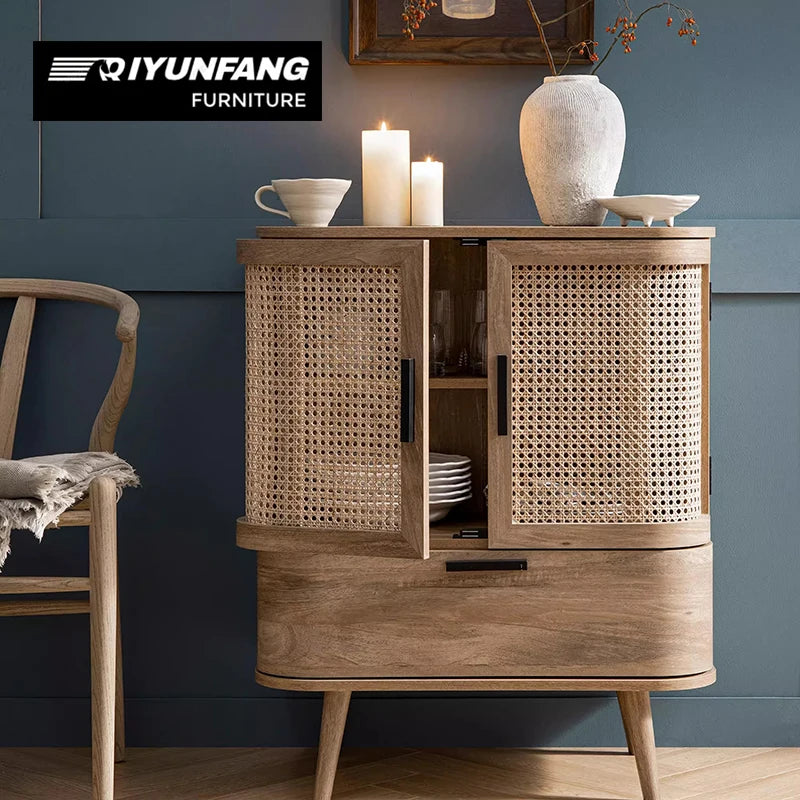 Rustic Solid Wood Sideboard Rattan Storage Console Cabinet