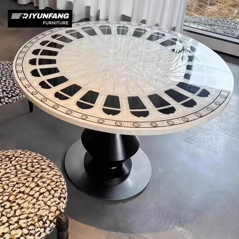 Shell Mosaic Solid Wood Round Dining Table Modern Sculpture