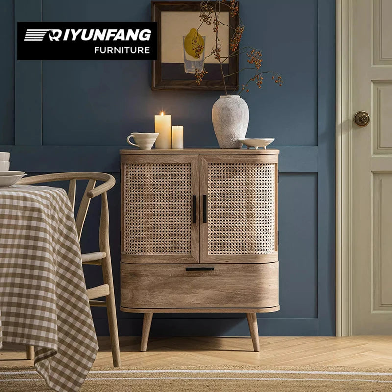 Rustic Solid Wood Sideboard Rattan Storage Console Cabinet