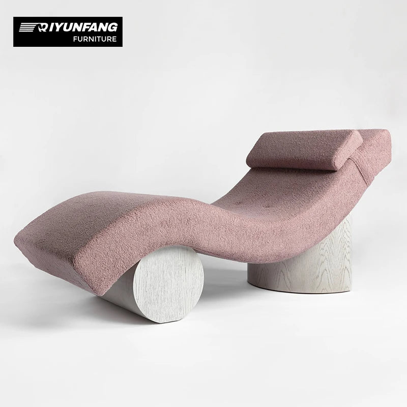 Modern Sculptural Fabric Lounge Chaise Solid Wood Base