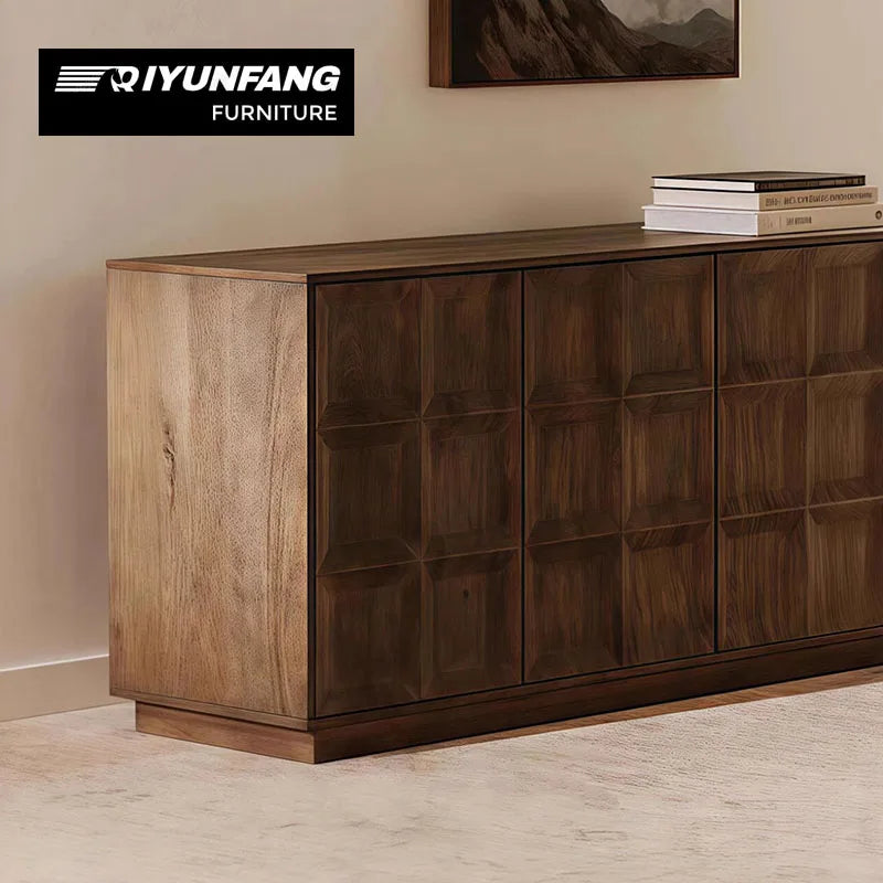Solid Oak Wood Engraved Four-Door Living Room Cabinet Minimalist Design