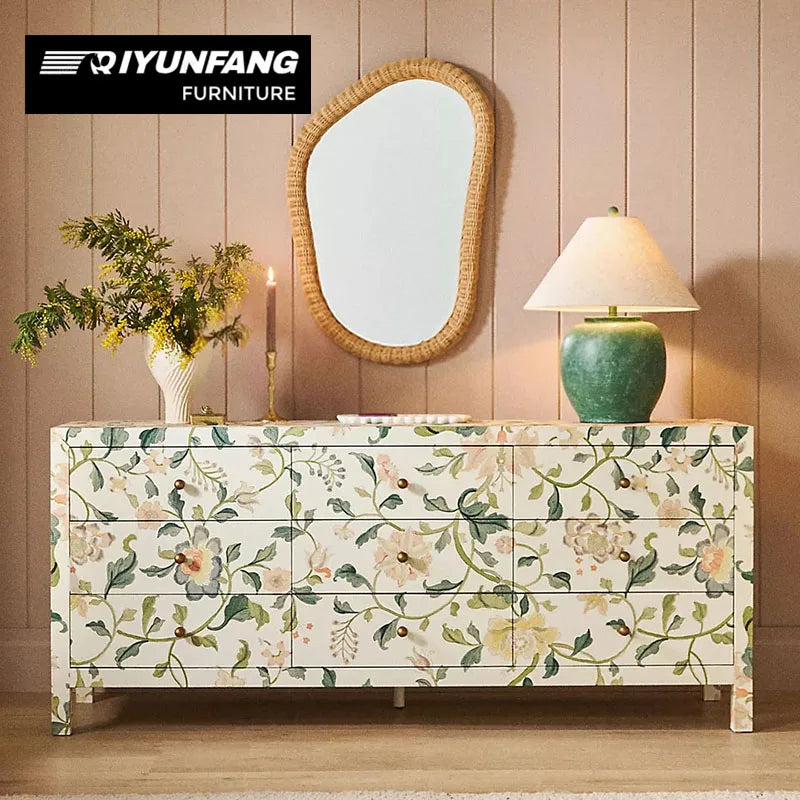 Hand-painted Floral Nine-drawer Wood Cabinet Modern Storage Unit