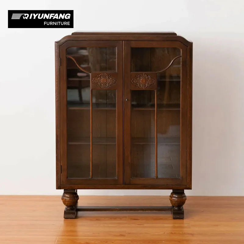 Distressed Cherry Wood Entrance Hall Storage Cabinet with Glass Door