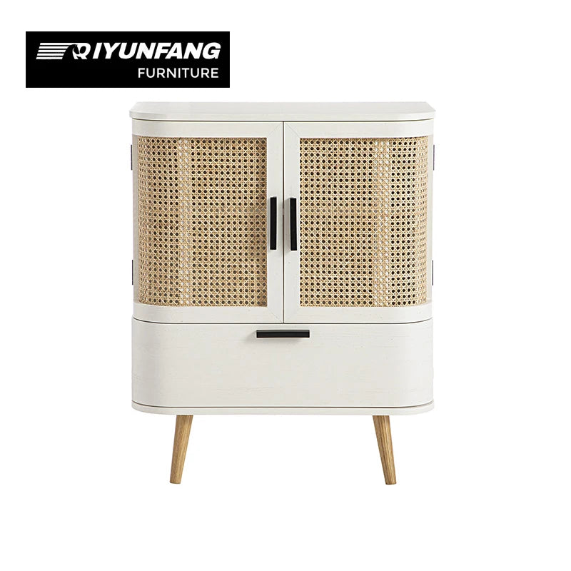 Rustic Solid Wood Sideboard Rattan Storage Console Cabinet