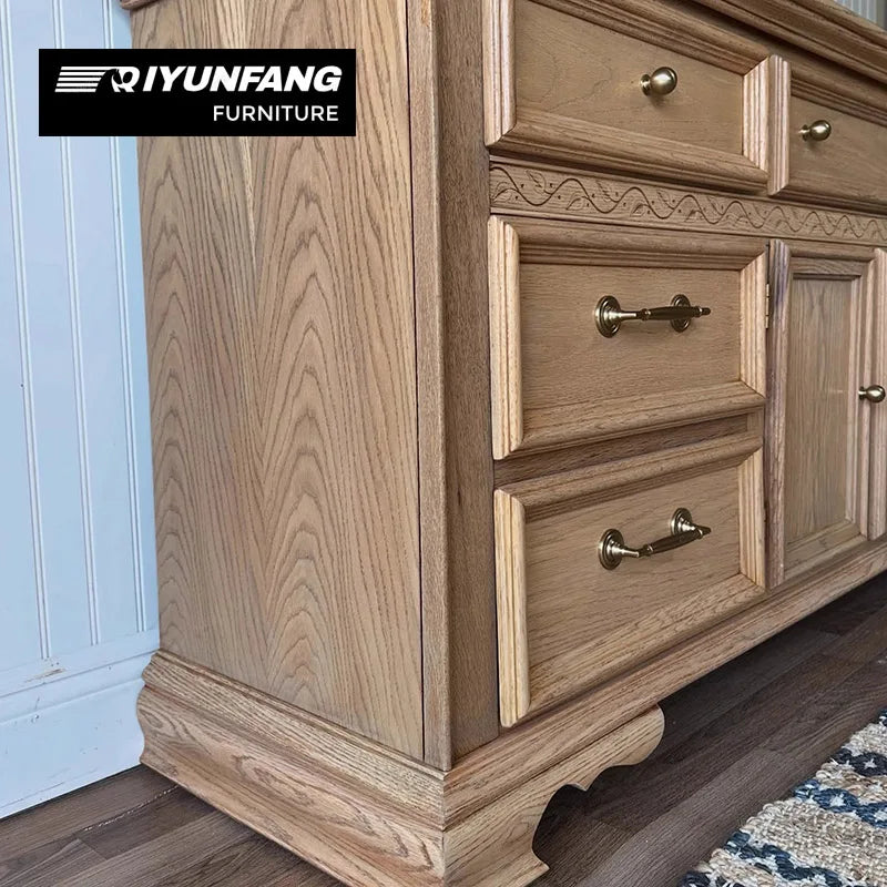 Solid Oak Frame Seven Drawer Storage Cabinet 166cm