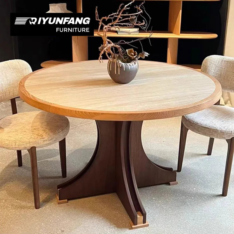Modern Round Dining Table Solid Wood Natural Stone 130cm