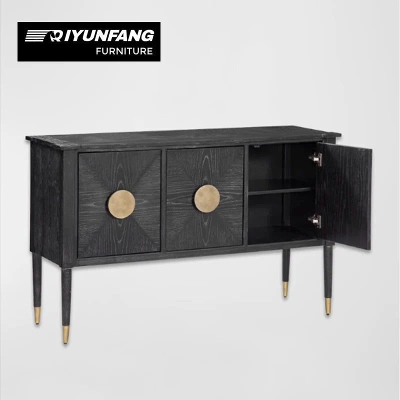 QYF-J25 Three-Door Sideboard Cabinet Solid Wood Black 145cm