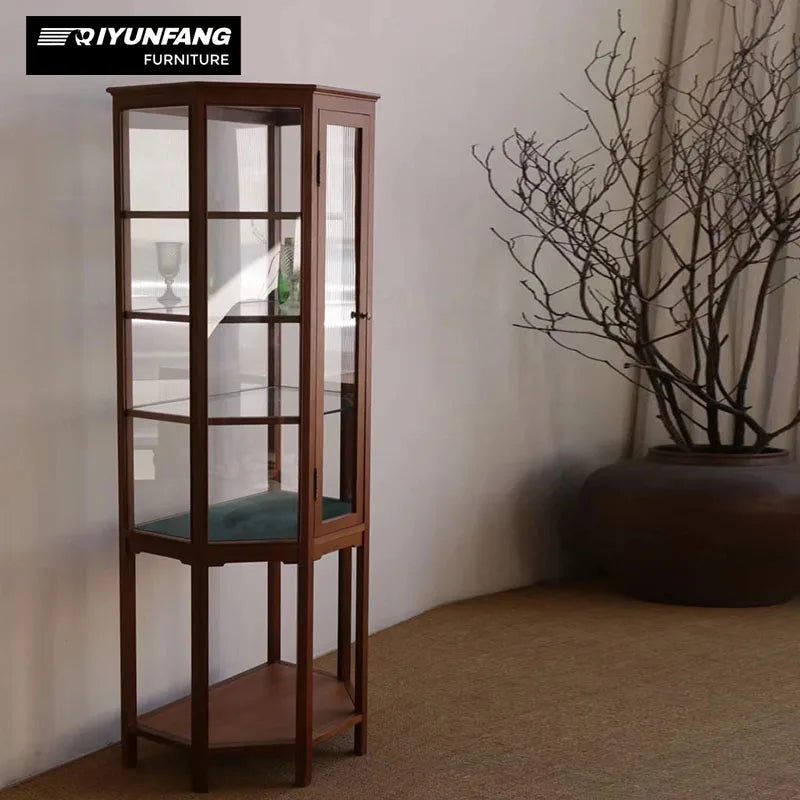 Solid Wood Glass Display Cabinet Vintage Floor Standing 180cm