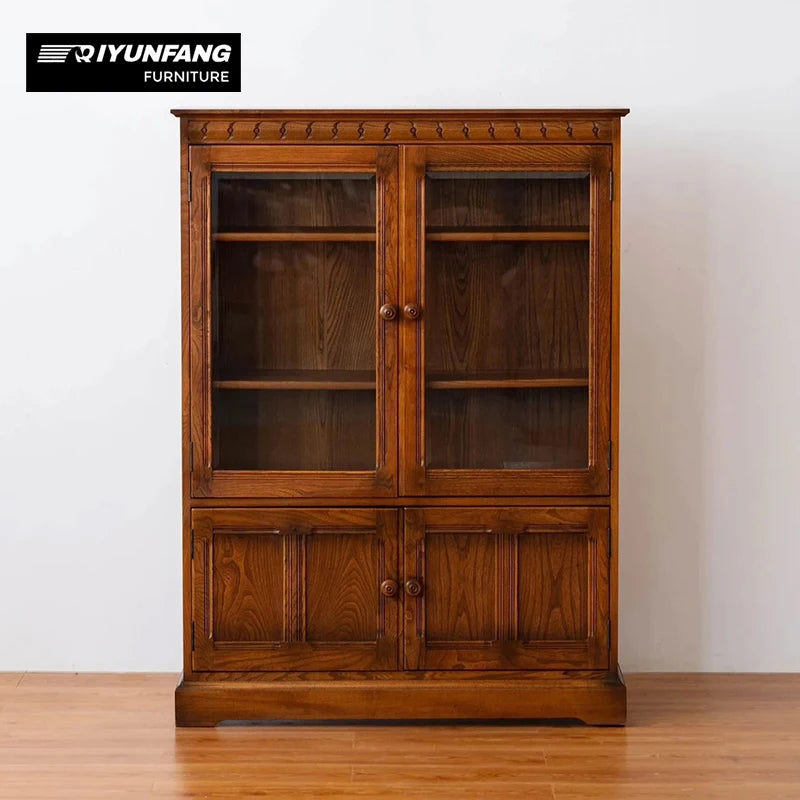 Solid Oak Wood Rustic Dining Hutch Cabinet Glass Display