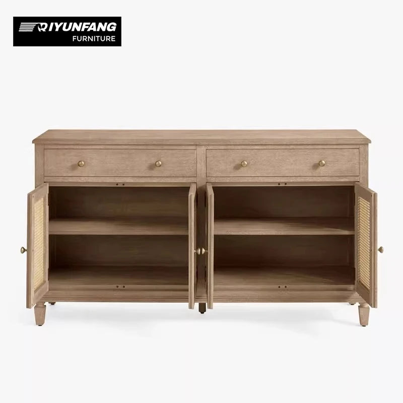 Solid Oak Wood Sideboard with Natural Rattan Storage Retro Style
