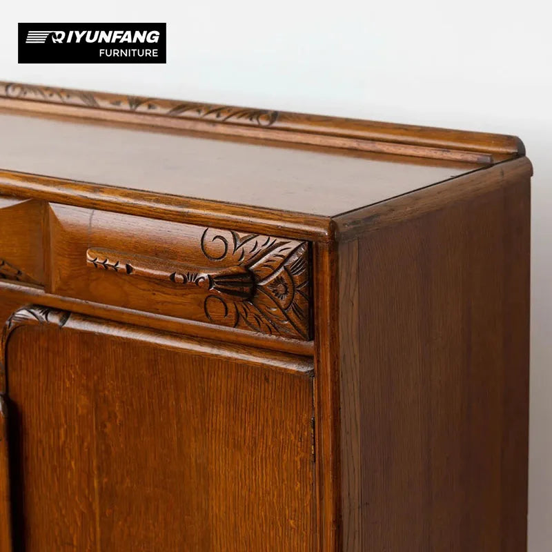 Solid Oak Carved Display Cabinet with Drawers 135cm