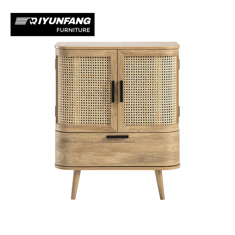 Rustic Solid Wood Sideboard Rattan Storage Console Cabinet