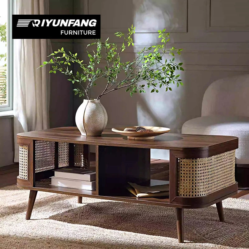 Vintage Oval Solid Wood and Rattan Coffee Table 110cm