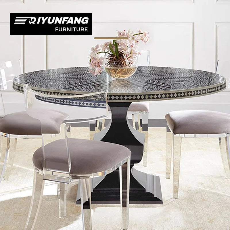 Neo-classical Round Dining Table Solid Wood Shell Inlay