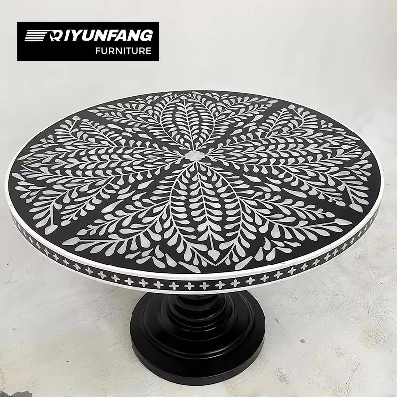 Vintage Hand-painted Round Dining Table Shell Inlay Solid Wood